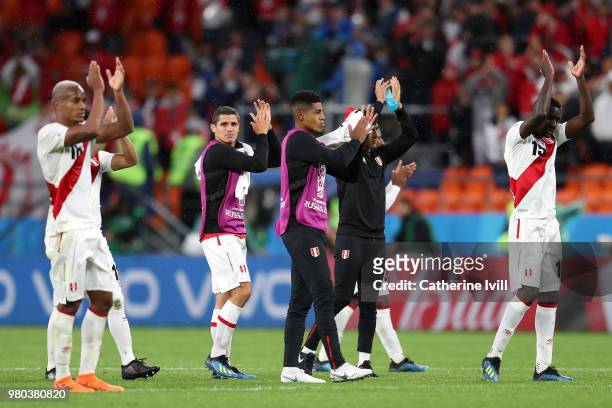 Peru players acknowledges the fans following the 2018 FIFA World Cup Russia group C match between France and Peru at Ekaterinburg Arena on June 21,...