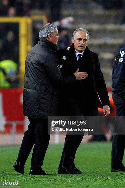 Claudio Ranieri coach of Roma meet Fanco Colomba coach of Bologna during the Serie A match between Bologna FC and AS Roma at Stadio Renato Dall'Ara...