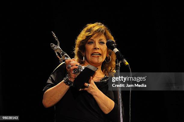 Lucy Tovar gives her acceptance speech with her statuette during the ACPT Awards, promoted by the Agrupacion de Criticos y Periodistas de Teatro at...