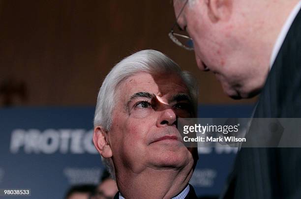 Sen. Christopher Dodd and Sen. Jay Rockefeller , participate in a news conference on health reform on Capitol Hill on March 25, 2010 in Washington,...