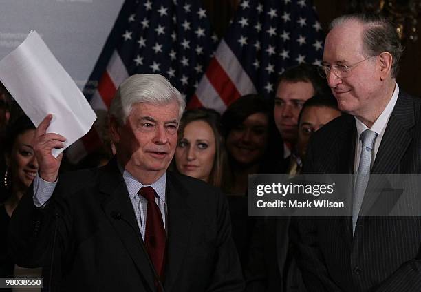 Sen. Christopher Dodd and Sen. Jay Rockefeller participate in a news conference on health reform on Capitol Hill on March 25, 2010 in Washington, DC....