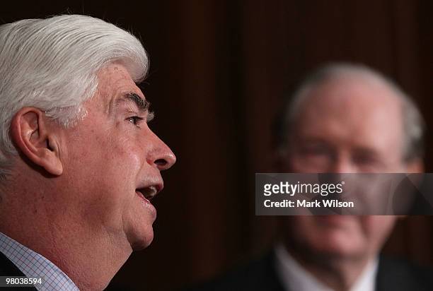 Sen. Christopher Dodd and Sen. Jay Rockefeller participate in a news conference on health reform on Capitol Hill on March 25, 2010 in Washington, DC....