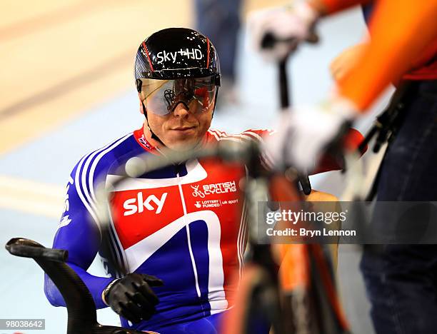 Sir Chris Hoy of Great Britain crashes at the start of the Men's Keirin on Day Two of the UCI Track Cycling World Championships at the Ballerup Super...