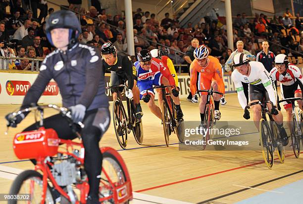 Sir Chris Hoy of Great Britain crashes at the start of qualifying for the Men's Keirin on Day Two of the UCI Track Cycling World Championships at the...