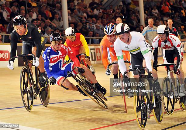 Sir Chris Hoy of Great Britain crashes at the start of qualifying for the Men's Keirin on Day Two of the UCI Track Cycling World Championships at the...