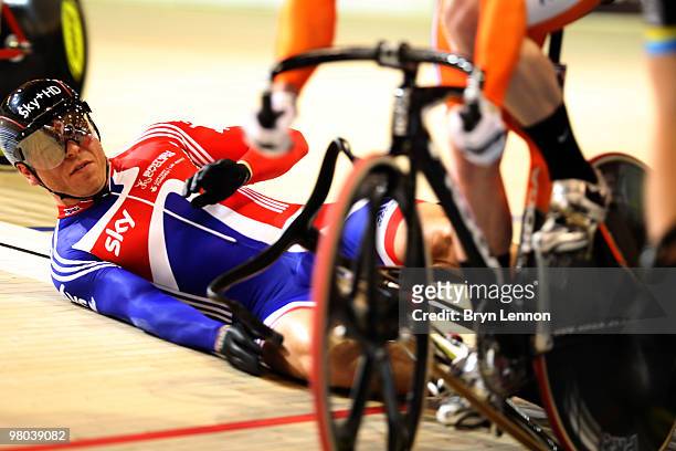 Sir Chris Hoy of Great Britain crashes at the start of the Men's Keirin on Day Two of the UCI Track Cycling World Championships at the Ballerup Super...