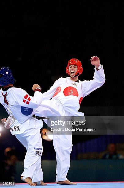 Warren Hansen of Australia in action during the Men's 80kg Taekwondo held at the State Sports Centre during the Sydney 2000 Olympics, Sydney,...