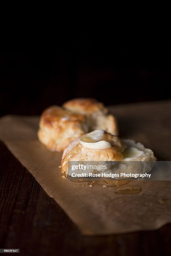 Buttered biscuit with honey
