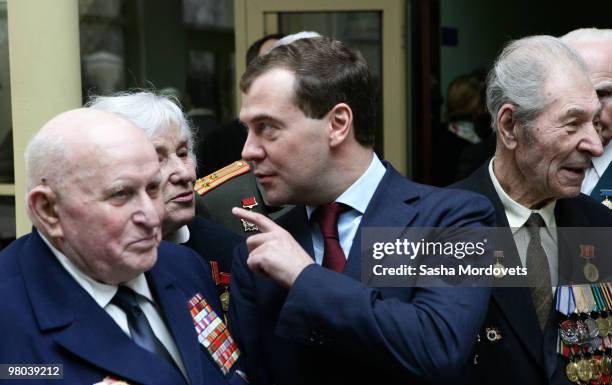 Russian President Dmitry Medvedev meets veterans of World War II during his visit on March 25, 2010 in Volgograd , Russia. Medvedev visited Volgograd...