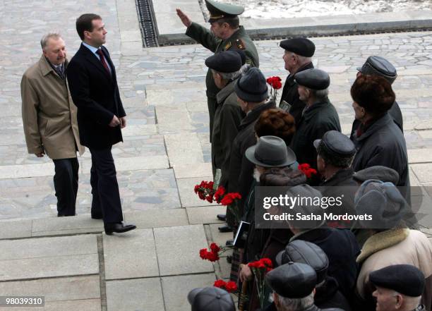 Russian President Dmitry Medvedev meets veterans of WWII during his visit to Volgograd , on March 25, 2010 in Volgograd, Russia. Medvedev visited...