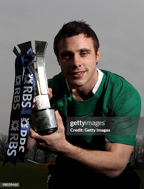 Tommy Bowe, of Ireland is presented with the RBS 6 Nations 2010 Player of the Championship award at the Llandarcy Academy of Sport on March 25, 2010...