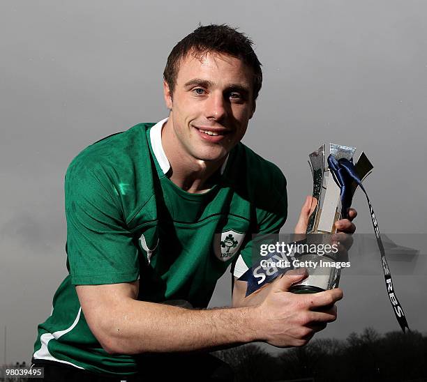 Tommy Bowe, of Ireland is presented with the RBS 6 Nations 2010 Player of the Championship award at the Llandarcy Academy of Sport on March 25, 2010...