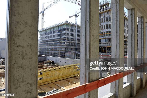 View of the new German Intelligence service building taken during its topping-out ceremony on March 25, 2010 in Berlin. The new headquarters, located...