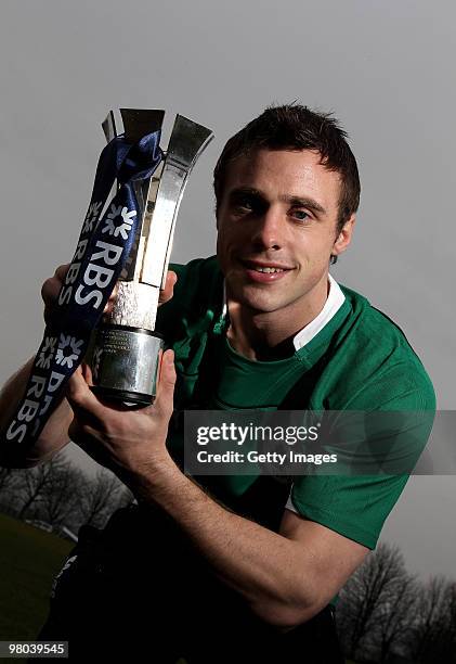 Tommy Bowe, of Ireland is presented with the RBS 6 Nations 2010 Player of the Championship award at the Llandarcy Academy of Sport on March 25, 2010...