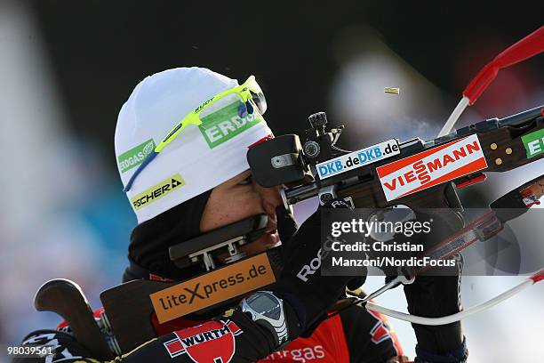 Simone Hauswald of Germany shoots during the women's sprint in the E.On Ruhrgas IBU Biathlon World Cup on March 25, 2010 in Khanty-Mansiysk, Russia.