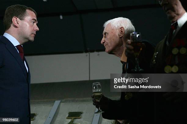 Russian President Dmitry Medvedev meets veterans of World War II during his visit to Mamayev Hill Eternal Flame war memorial, on March 25, 2010 in...