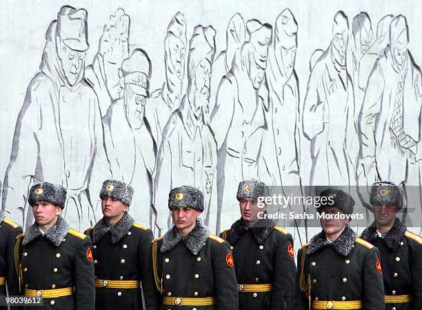Russian honour guards are waiting for arrival of Russian President Dmitry Medvedev to the monument of WWII heroes in Volgograd , on March 25, 2010 in...