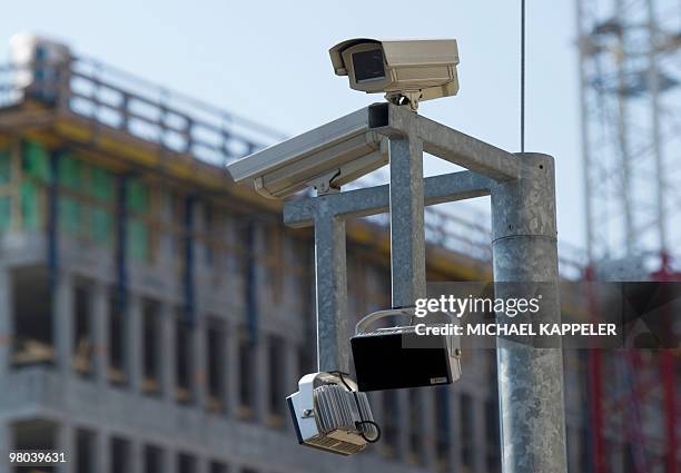 View of observation cameras around the new German Intelligence service building taken during its topping-out ceremony on March 25, 2010 in Berlin....