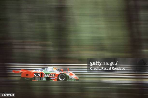 The Mazdaspped Co Ltd Mazda 787 driven by Bertrand Gachot ,Johnny Herbert and Volker Weidler along Mulsanne during the FIA World Sportscar...