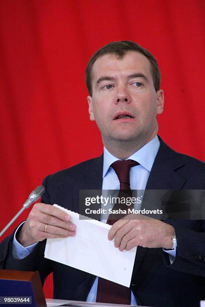 Russian President Dmitry Medvedev meets veterans of WWII during his visit to Volgograd , on March 25, 2010 in Volgograd, Russia. Medvedev visited...