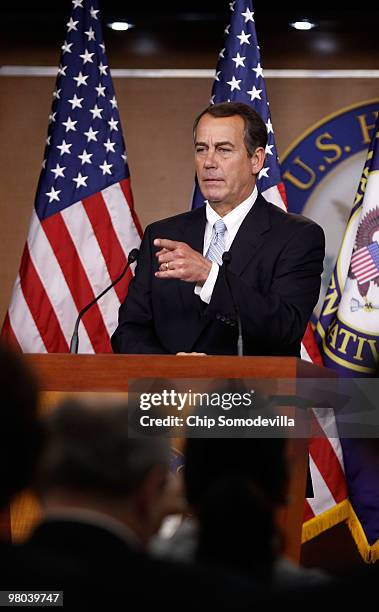 House Minority Leader John Boehner takes questions during his weekly news conference at the U.S. Capitol March 25, 2010 in Washington, DC. Boehner...