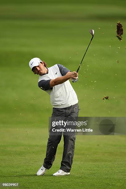 Pablo Martin of Spain plays his second shot into the 12th green during the first round of the Open de Andalucia 2010 at Parador de Malaga Golf on...