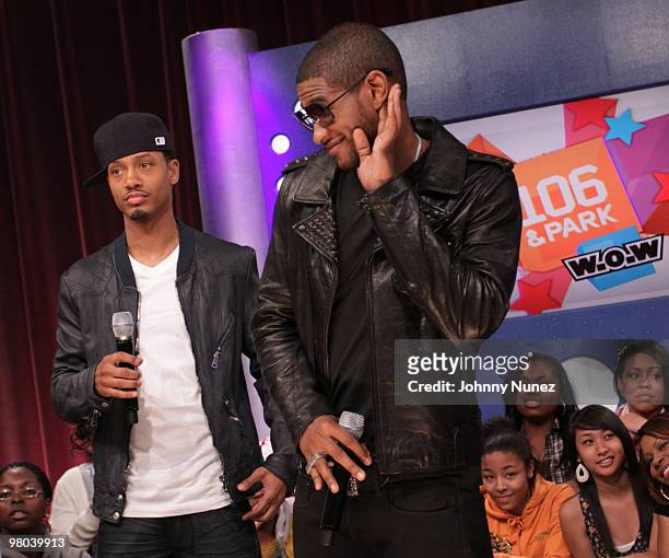 Terrence J. And Usher on the set of BET's "106 & Park" at BET Studios on March 24, 2010 in New York City.
