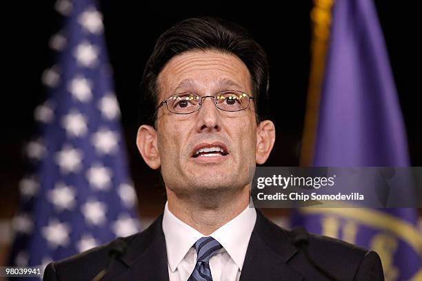 House Minority Whip Eric Cantor makes remarks during a news briefing at the U.S. Capitol March 25, 2010 in Washington, DC. Cantor said that leaders...