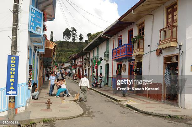 People on the main street, Salento. Salento is a small town in the hills near the city of Pereira. It is known for its trout fishing which is served...