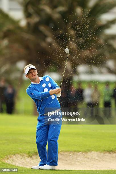 Soren Kjeldsen of Denmark plays his second shot into the eighth green during the first round of the Open de Andalucia 2010 at Parador de Malaga Golf...