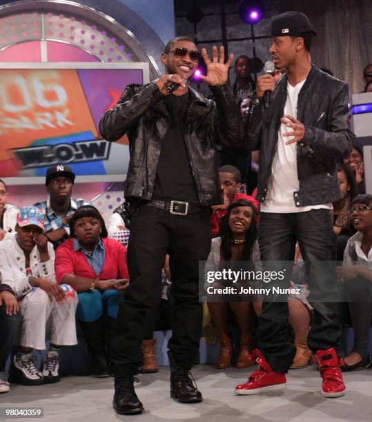 Usher and Terrence J. On the set of BET's "106 & Park" at BET Studios on March 24, 2010 in New York City.