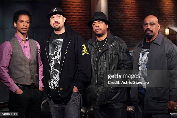 Host of "Hip Hop Shop" Toure, rappers B-Real, Eric "Bobo" Correa and Sen Dog of the rap group Cypress Hill pose for photos at the fuse Studios on...