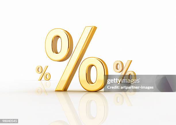 golden percentage signs on white - percentage sign stock pictures, royalty-free photos & images