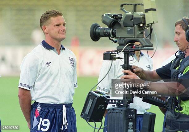 Paul Gascoigne of England makes a funny face to the television camera during the team line up before the 1990 FIFA World Cup Finals Semi-Final match...