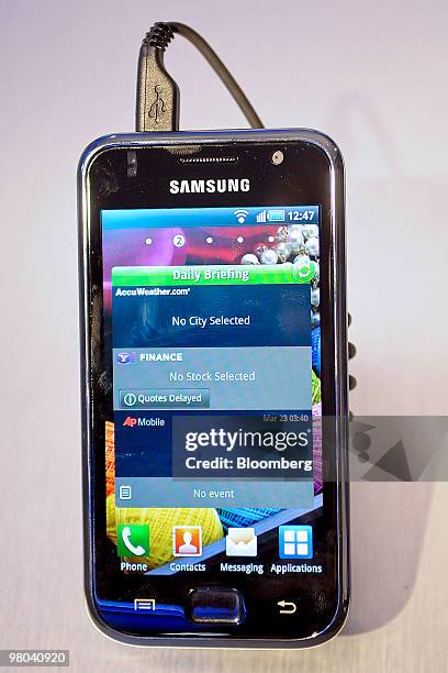 Samsung Electronic Co.'s Galaxy S smartphone sits on display during the Cellular Telecommunications Industry Association 2010 convention in Las...