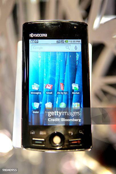 The Kyocera Zio smartphone, which runs Google Inc.'s Android operating system, sits on display during the Cellular Telecommunications Industry...