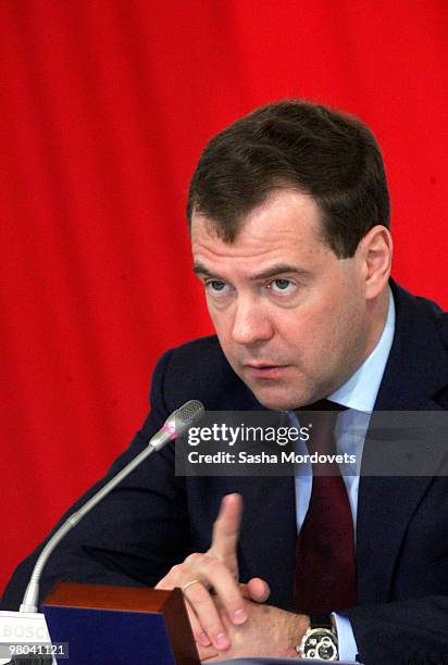 Russian President Dmitry Medvedev addresses officals during his visit to Volgograd , on March 25, 2010 in Volgograd, Russia. Medvedev visited...