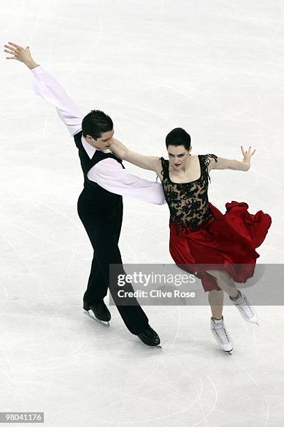 Tessa Virtue and Scott Moir of Canada compete in the Ice Dance Original Dance during the 2010 ISU World Figure Skating Championships on March 25,...