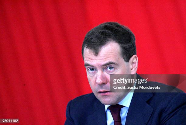 Russian President Dmitry Medvedev addresses officals during his visit to Volgograd , on March 25, 2010 in Volgograd, Russia. Medvedev visited...