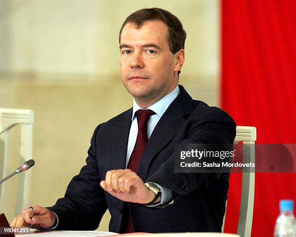 Russian President Dmitry Medvedev addresses officals during his visit to Volgograd , on March 25, 2010 in Volgograd, Russia. Medvedev visited...