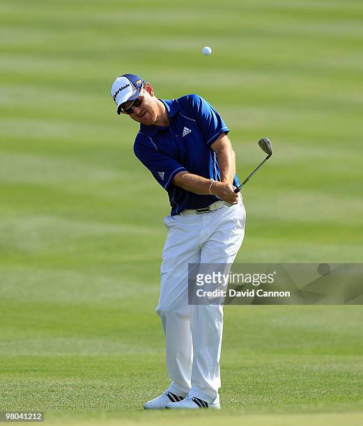 Greg Owen of England plays his third shot at the 15th hole during the first round of the Arnold Palmer Invitational presented by Mastercard at the...