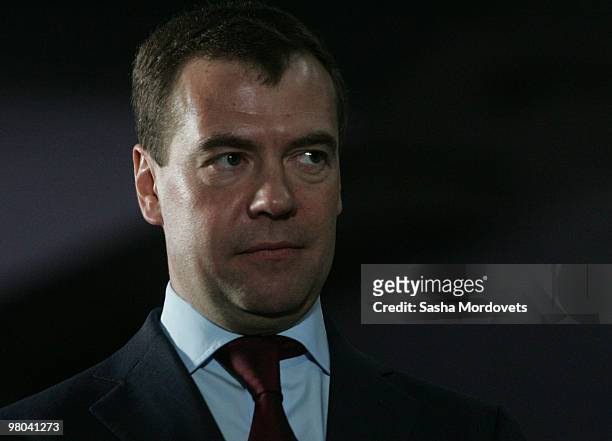 Russian President Dmitry Medvedev addresses officals during his visit to Volgograd , on March 25, 2010 in Volgograd, Russia. Medvedev visited...
