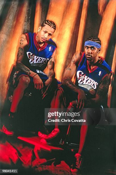 Allen Iverson and Larry Hughes of the Philadelphia 76ers pose for a portrait during the 2000 NBA All-Star Weekend in Oakland, California. NOTE TO...