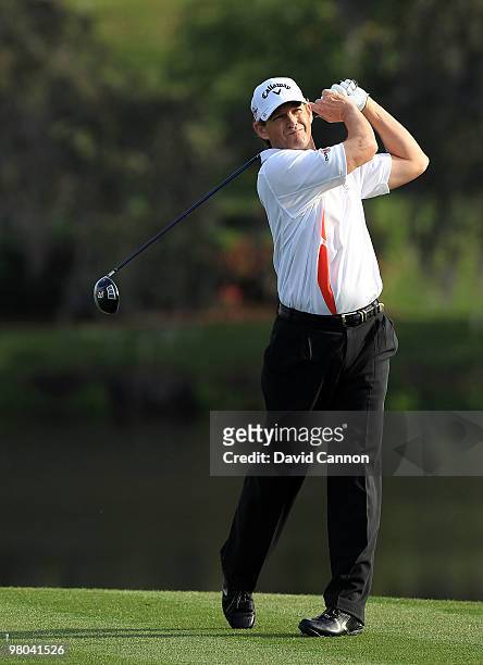 Lee Janzen of the USA plays his tee shot at the 16th hole during the first round of the Arnold Palmer Invitational presented by Mastercard at the...