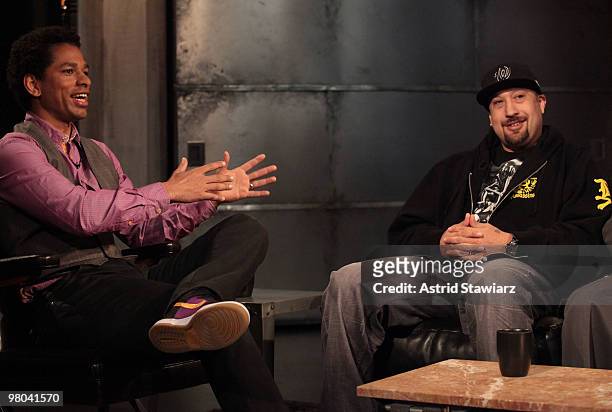 Host of "Hip Hop Shop" Toure interviews rappers B-Real, Eric "Bobo" Correa and Sen Dog of the rap group Cypress Hill pose for photos at the fuse...