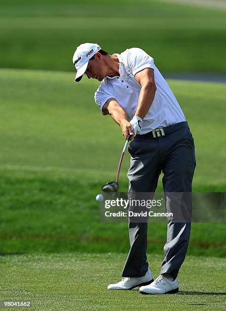 John Mallinger of the USA plays his tee shot at the 18th hole during the first round of the Arnold Palmer Invitational presented by Mastercard at the...