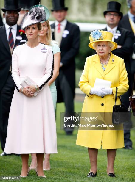 Sophie, Countess of Wessex and Queen Elizabeth II watches The Queen's horse 'Fabricate' run in the Wolferton Stakes on day 1 of Royal Ascot at Ascot...