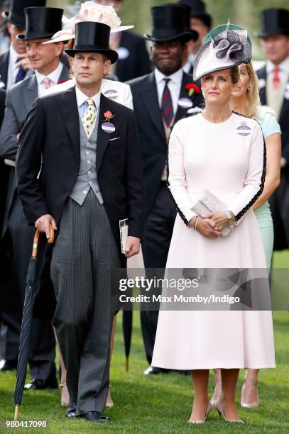 Prince Edward, Earl of Wessex and Sophie, Countess of Wessex watch The Queen's horse 'Fabricate' run in the Wolferton Stakes on day 1 of Royal Ascot...