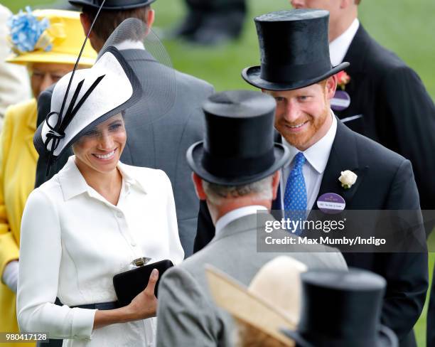 Meghan, Duchess of Sussex, Prince Charles, Prince of Wales and Prince Harry attend day 1 of Royal Ascot at Ascot Racecourse on June 19, 2018 in...