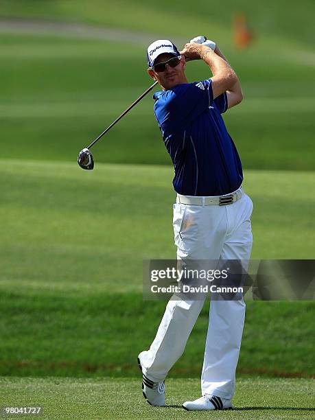 Greg Owen of England plays his tee shot at the 18th hole during the first round of the Arnold Palmer Invitational presented by Mastercard at the...